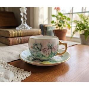 Vintage Hand Painted Floral Porcelain Teacup & Saucer Gold Trim Shabby Chic Gift